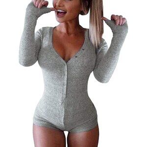 Womens Deep V Neck Long Sleeve Knit One Piece Bodysuit Pajama Romper